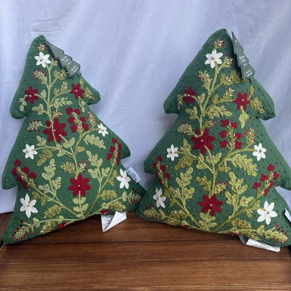 Set 2 Balsam & Fir Trading Co Beaded Christmas Tree Pillows 18